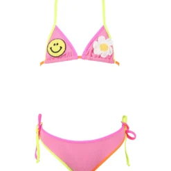 MC2 Saint Barth Fuchsia Bikini For Girl With Logo, Smiley And Flower Patch