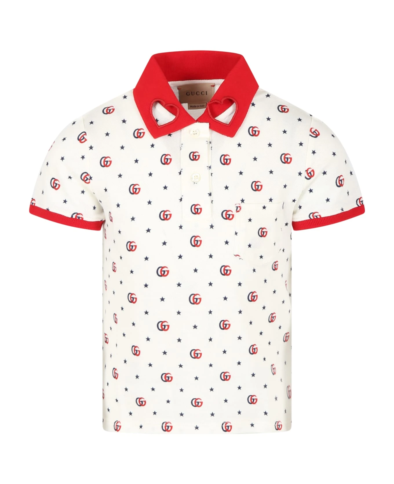 Gucci White Polo-shirt For Girl With Gg And Stars