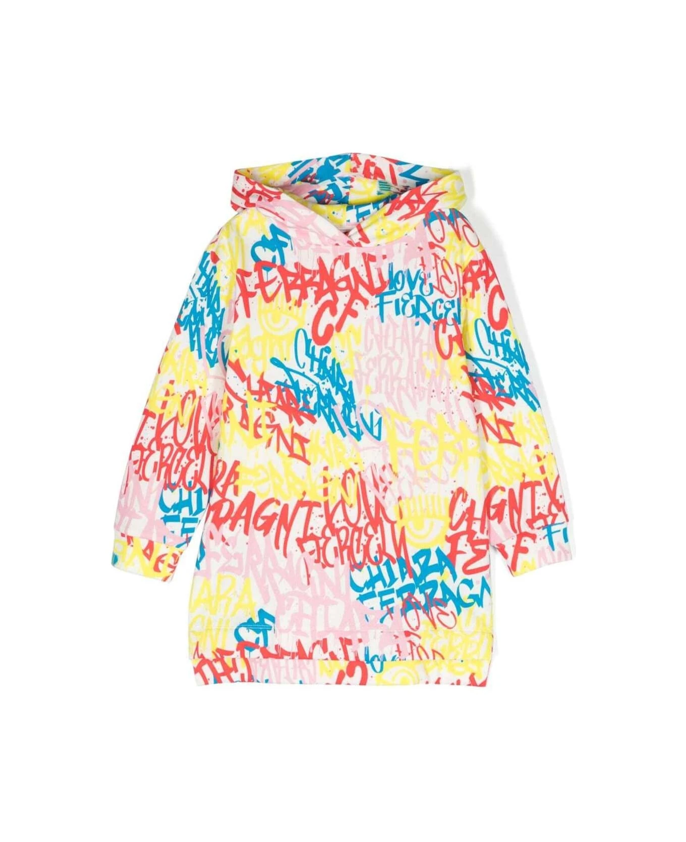 Chiara Ferragni Multicolour Long-sleeved Dress With Hood And 'graffiti' Print In Cotton Girl