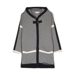 Chloé Chloe Cardigan Blu Navy In Maglia Di Cotone Misto Lana Con Cappuccio Bambina