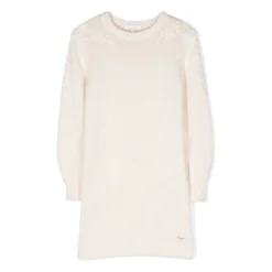 ChloƩ White Knit Dress With Floreal Embroidery In Wool And Cotton Girl
