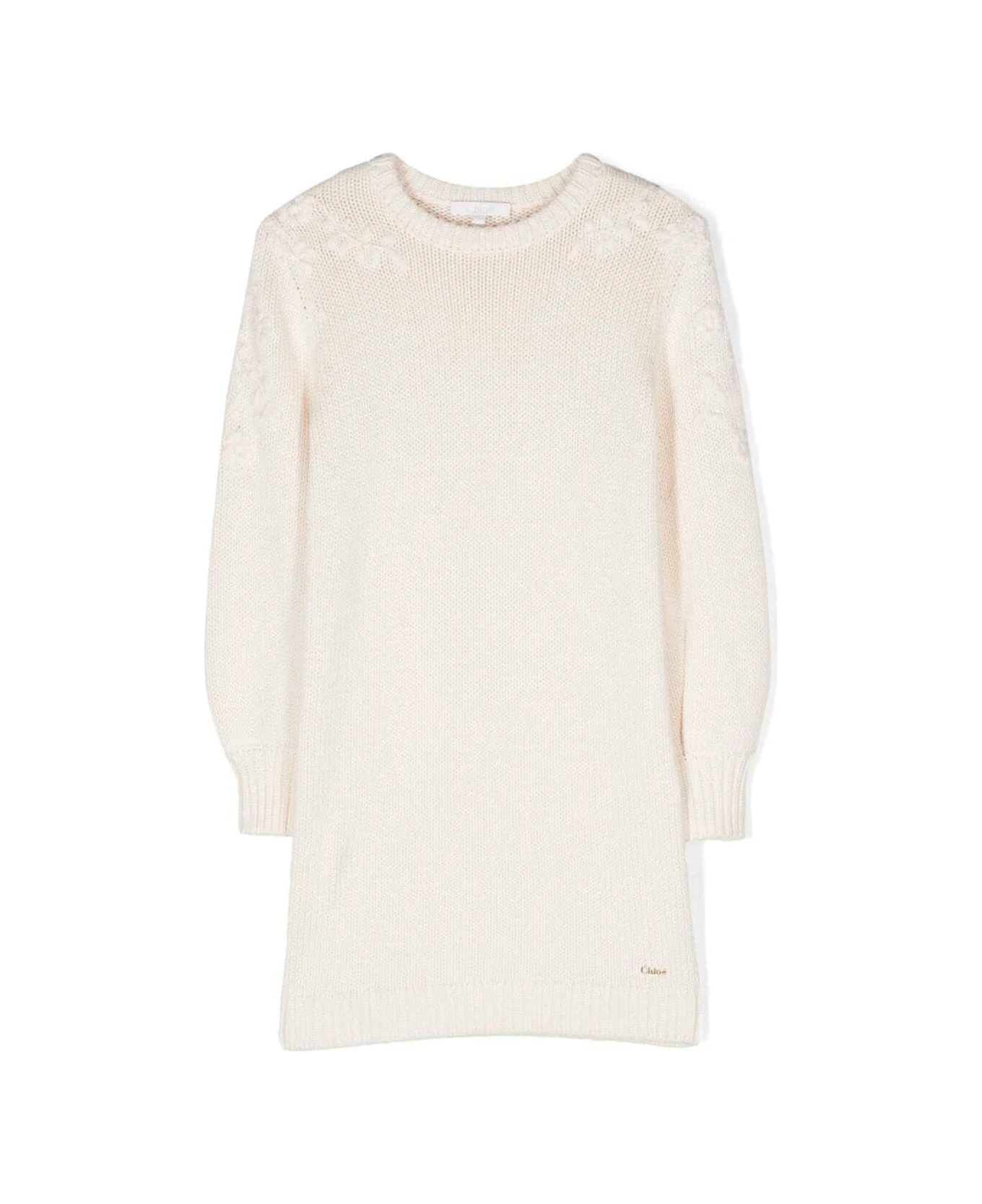 Chloé White Knit Dress With Floreal Embroidery In Wool And Cotton Girl