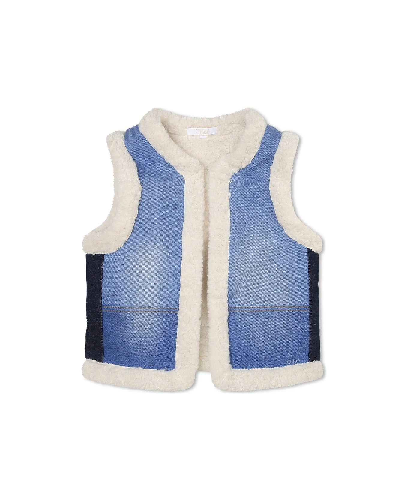 ChloƩ Faux Shearling And Denim Patchwork Gilet