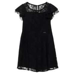 Monnalisa Black Crewneck Playsuit With Logo Patch In Lace Girl